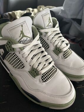 Air Jordan White and Seafoam Green Retro 4 Sneakers
